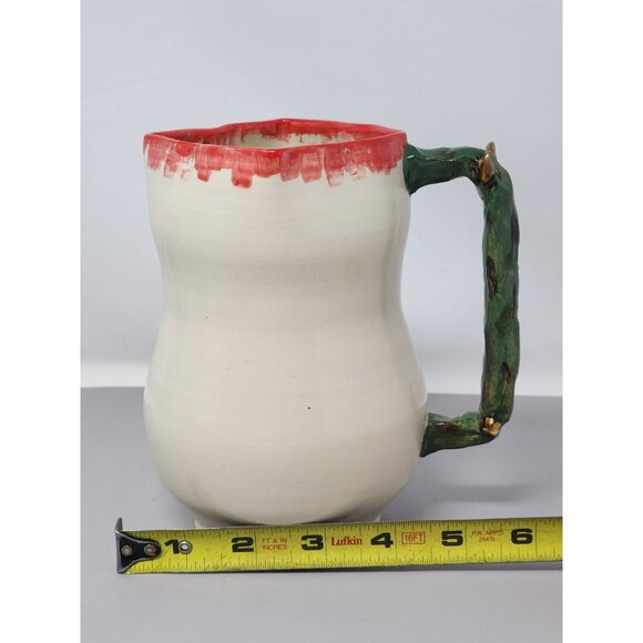 Handcrafted Ceramic Pitcher/Creamer Unique Green‎ Textured Branch Handle Red Rim - Picture 8 of 10